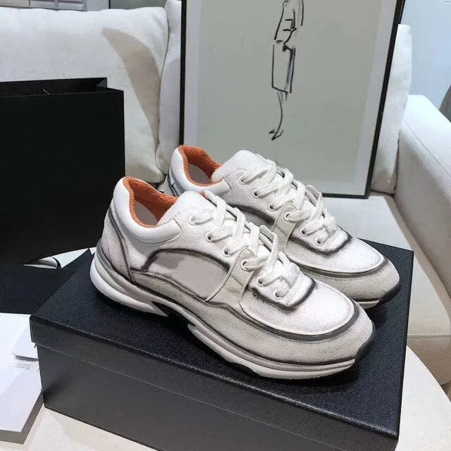 women's leather lace up thick soled Sequin running shoes