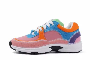women's leather lace up thick soled Sequin running shoes