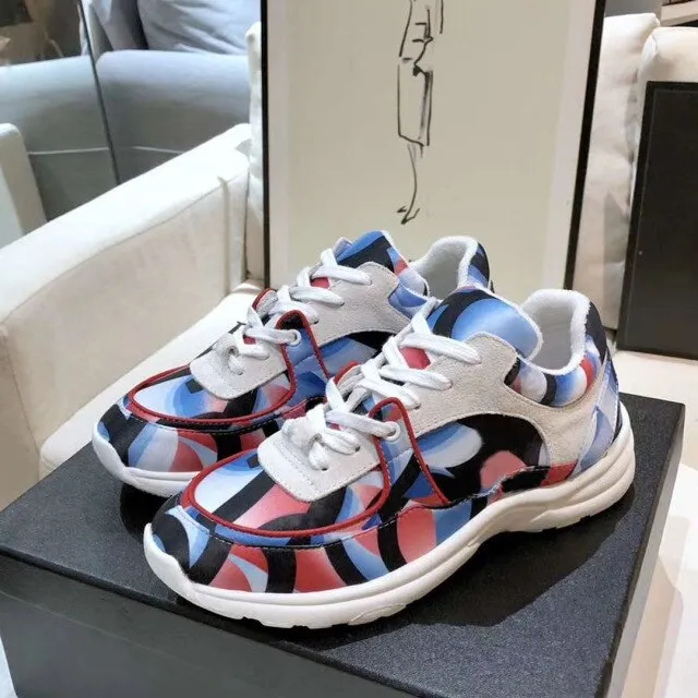 women's leather lace up thick soled Sequin running shoes