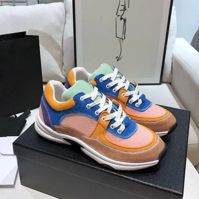 women's leather lace up thick soled Sequin running shoes