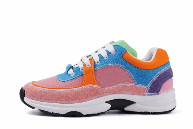 women's leather lace up thick soled Sequin running shoes