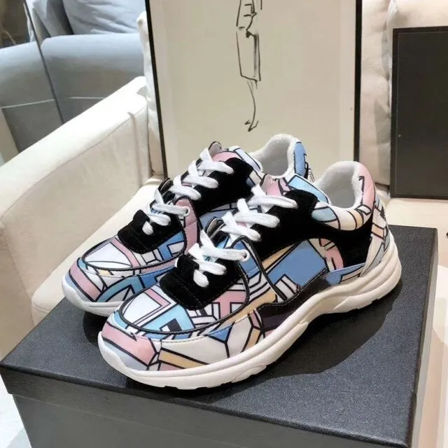 women's leather lace up thick soled Sequin running shoes