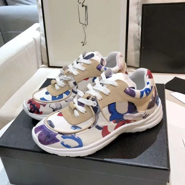 women's leather lace up thick soled Sequin running shoes