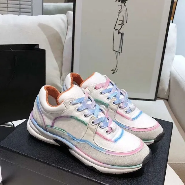 women's leather lace up thick soled Sequin running shoes