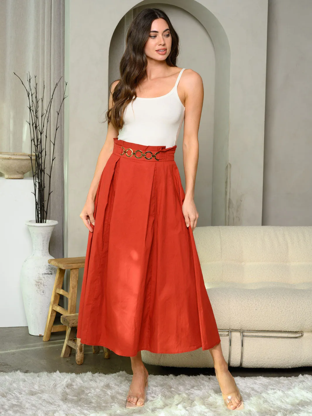 WOMEN'S PLEATED FRONT BELT DETAILED MAXI SKIRT