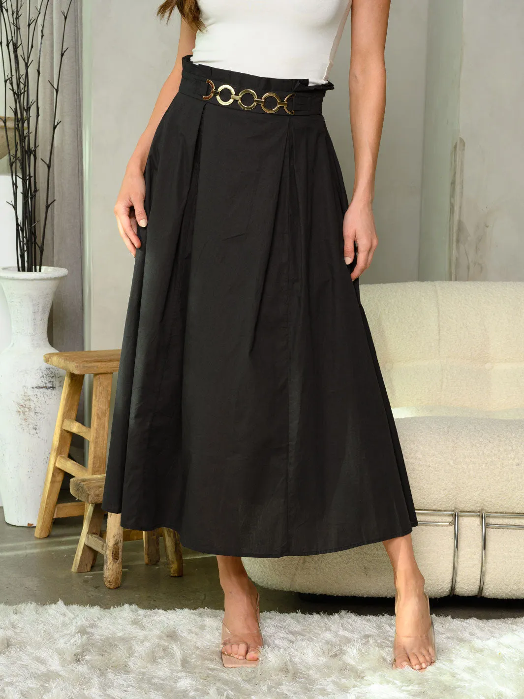 WOMEN'S PLEATED FRONT BELT DETAILED MAXI SKIRT