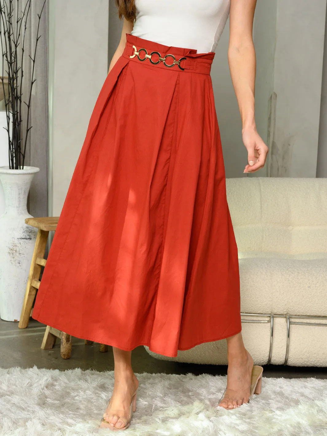 WOMEN'S PLEATED FRONT BELT DETAILED MAXI SKIRT