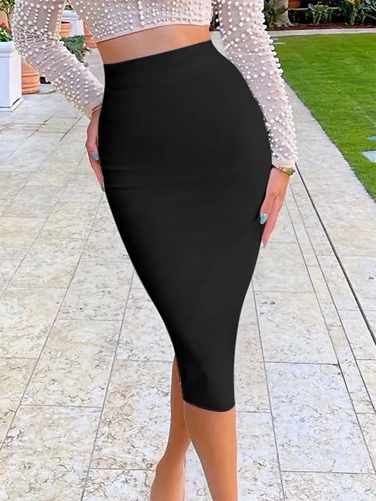 Women's Sexy Bandage Skirts Knee Length Tight Stretchy Bodycon Skirt Office Party