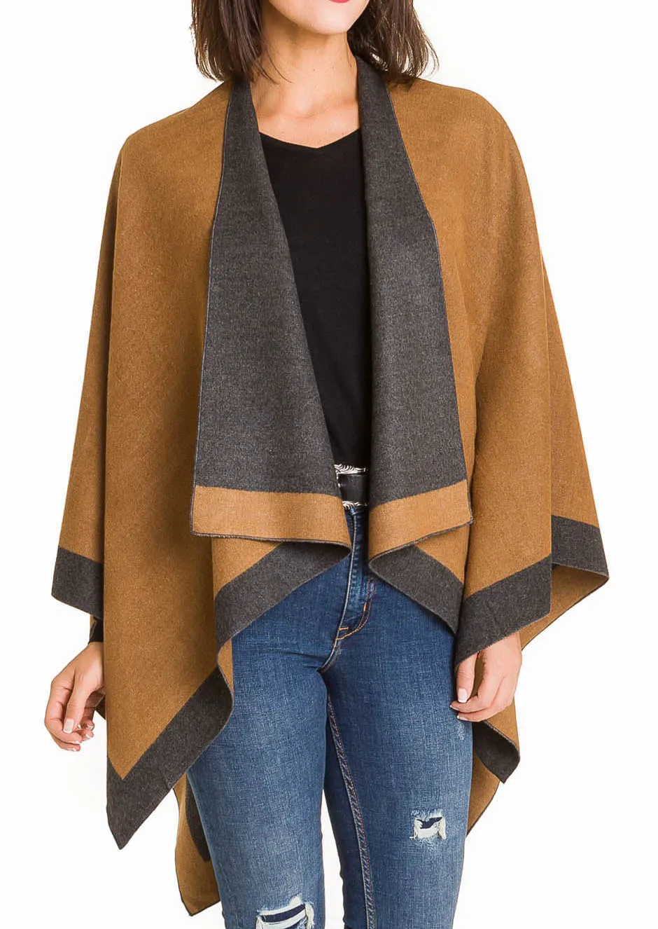 Women's Shawl Wrap Poncho Ruana Cape Cardigan Sweater Open Front (Dark Gray Beige)