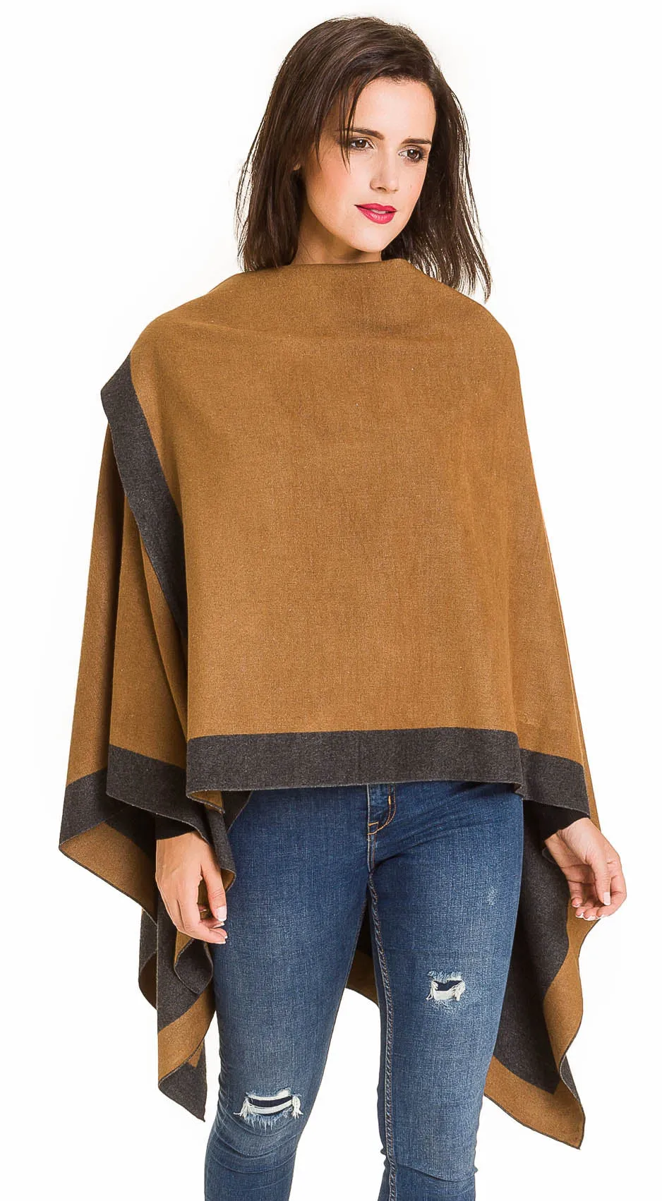 Women's Shawl Wrap Poncho Ruana Cape Cardigan Sweater Open Front (Dark Gray Beige)