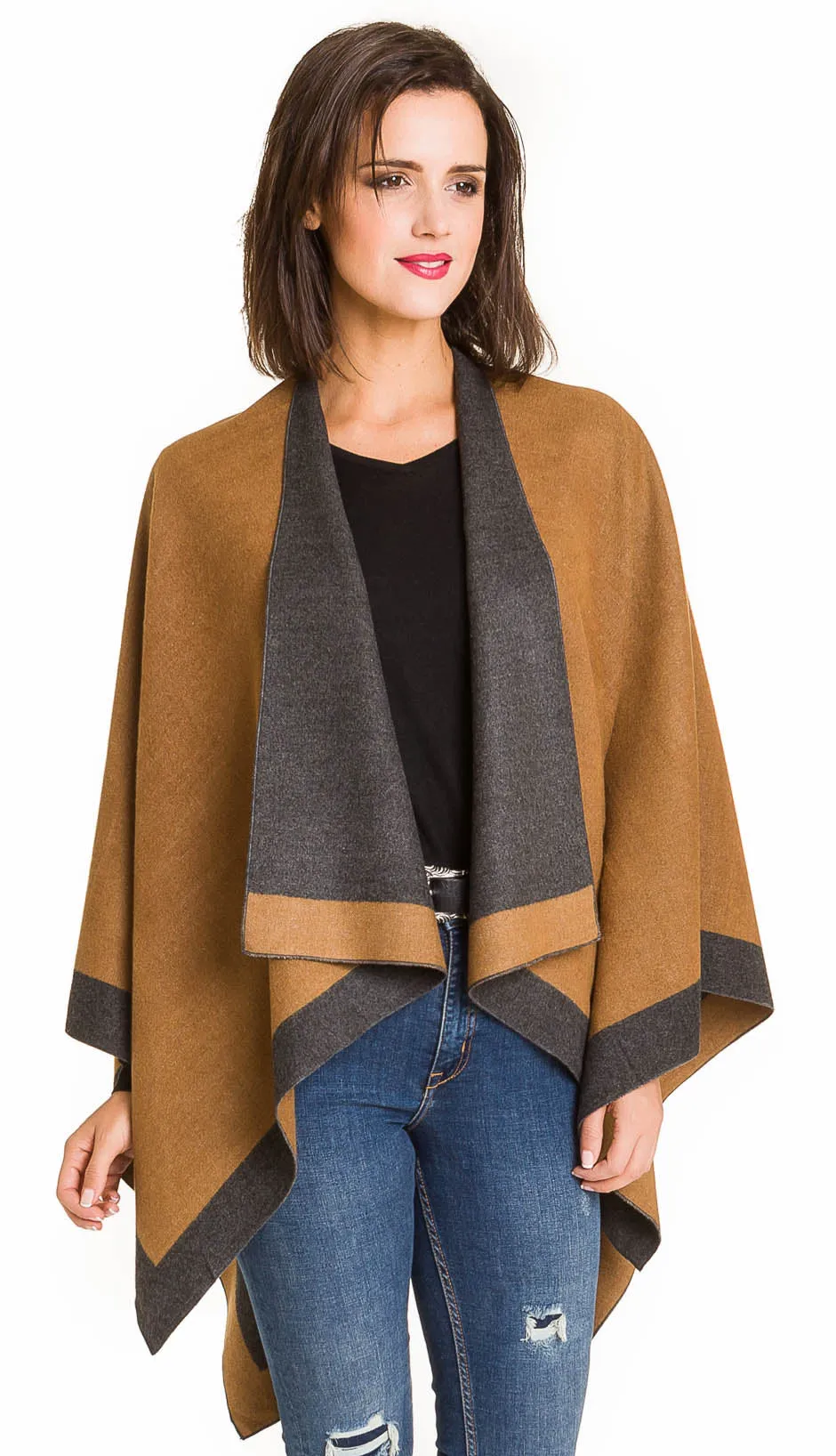 Women's Shawl Wrap Poncho Ruana Cape Cardigan Sweater Open Front (Dark Gray Beige)
