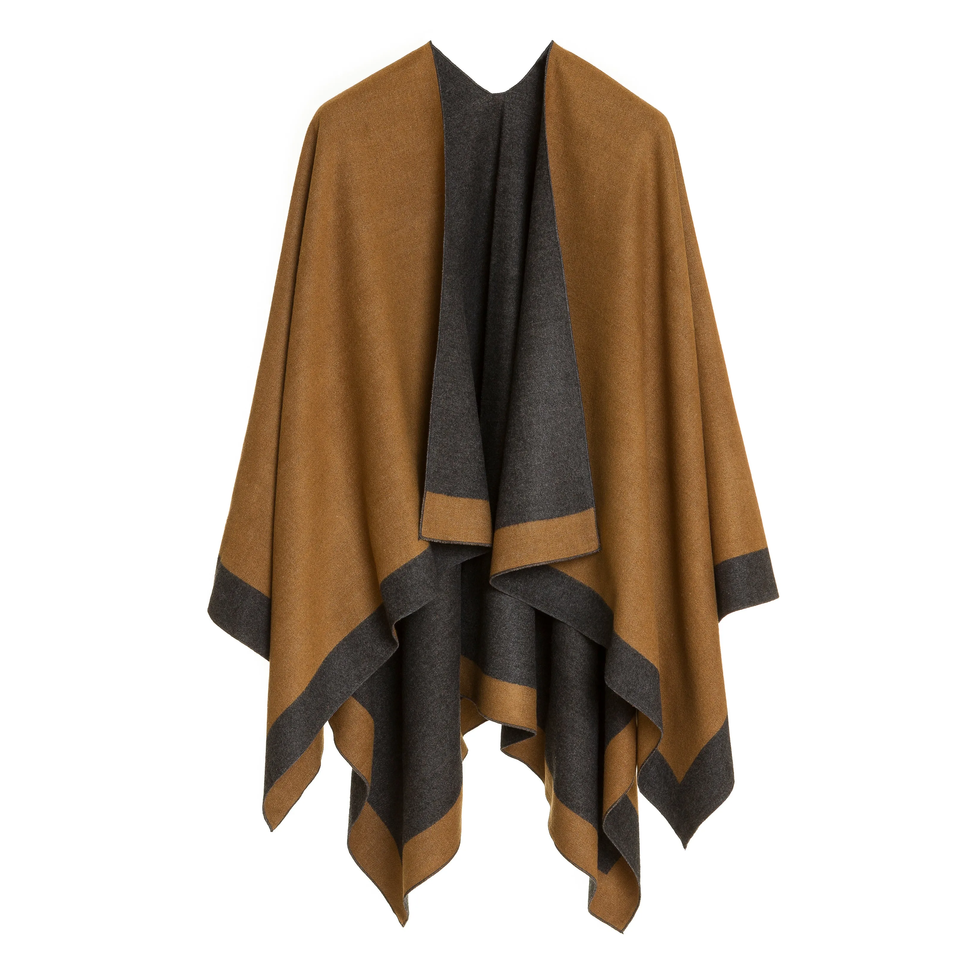 Women's Shawl Wrap Poncho Ruana Cape Cardigan Sweater Open Front (Dark Gray Beige)