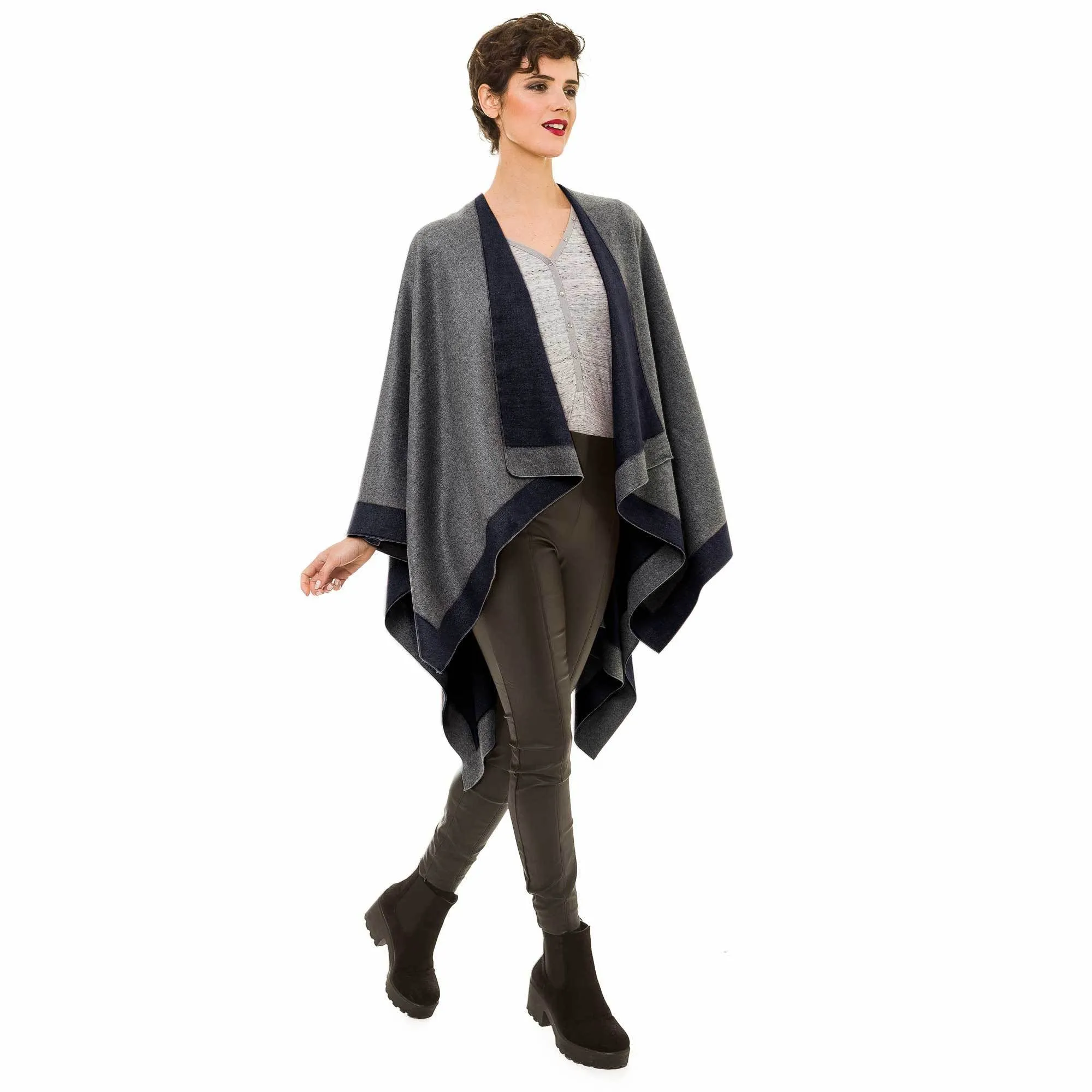 Women's Shawl Wrap Poncho Ruana Cape Cardigan Sweater Open Front (Gray Black)