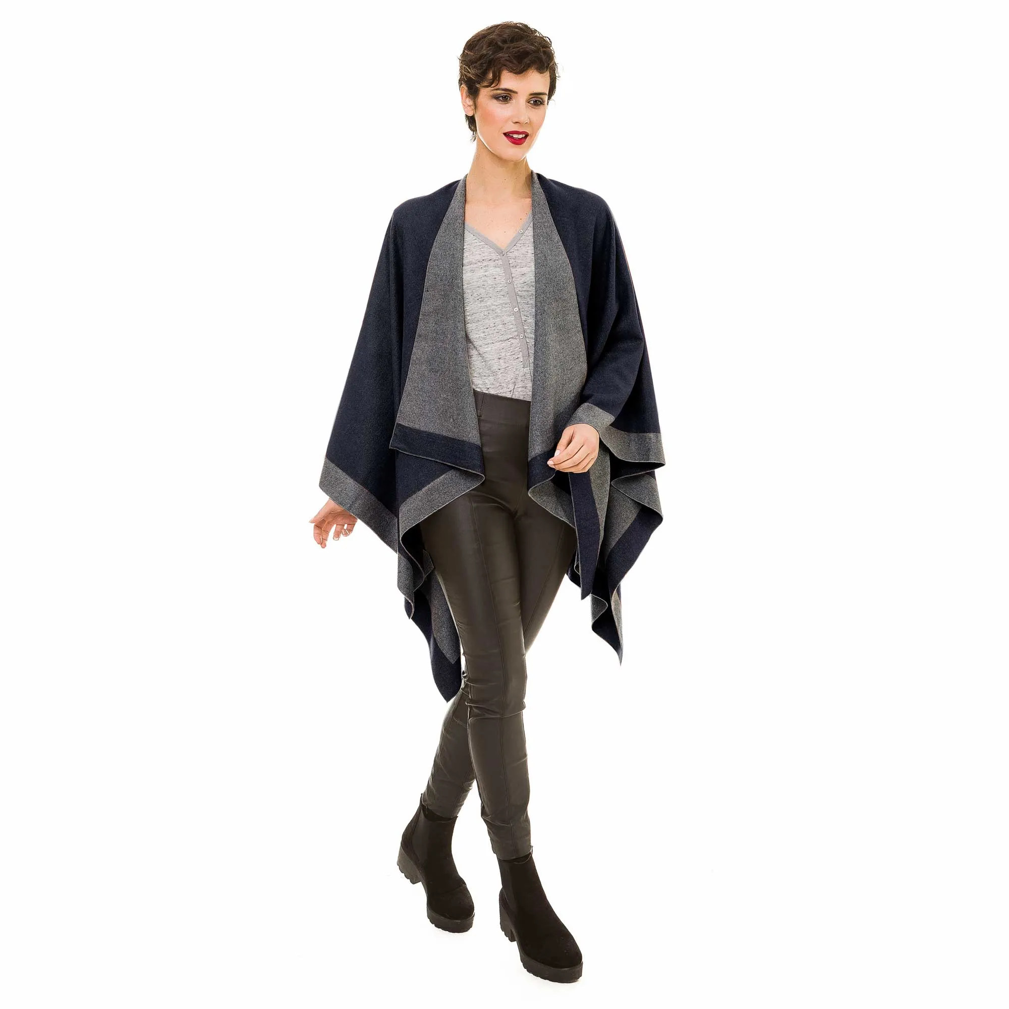Women's Shawl Wrap Poncho Ruana Cape Cardigan Sweater Open Front (Gray Black)