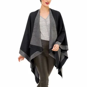 Women's Shawl Wrap Poncho Ruana Cape Cardigan Sweater Open Front (Gray Black)