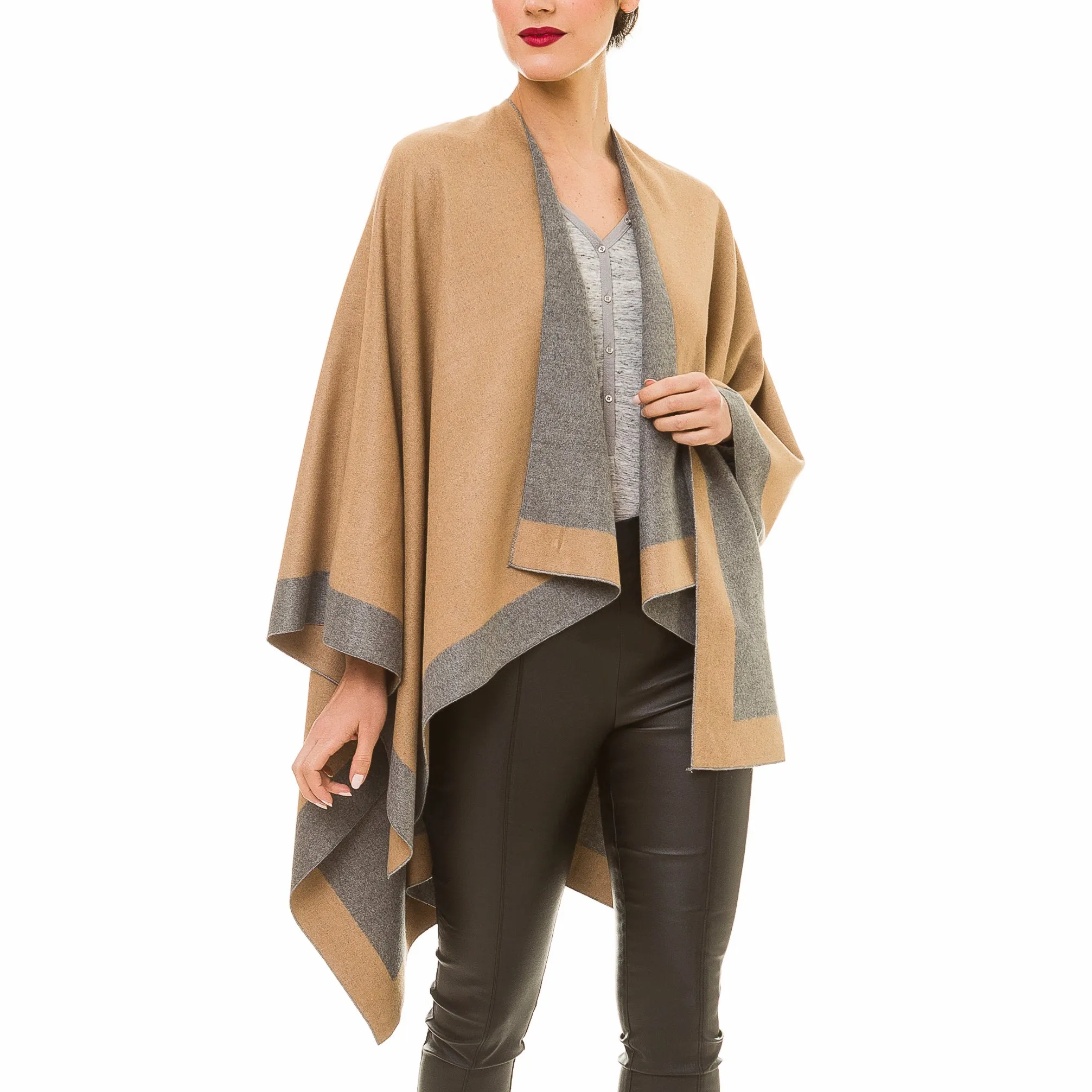 Women's Shawl Wrap Poncho Ruana Cape Cardigan Sweater Open Front (Gray Khaki)