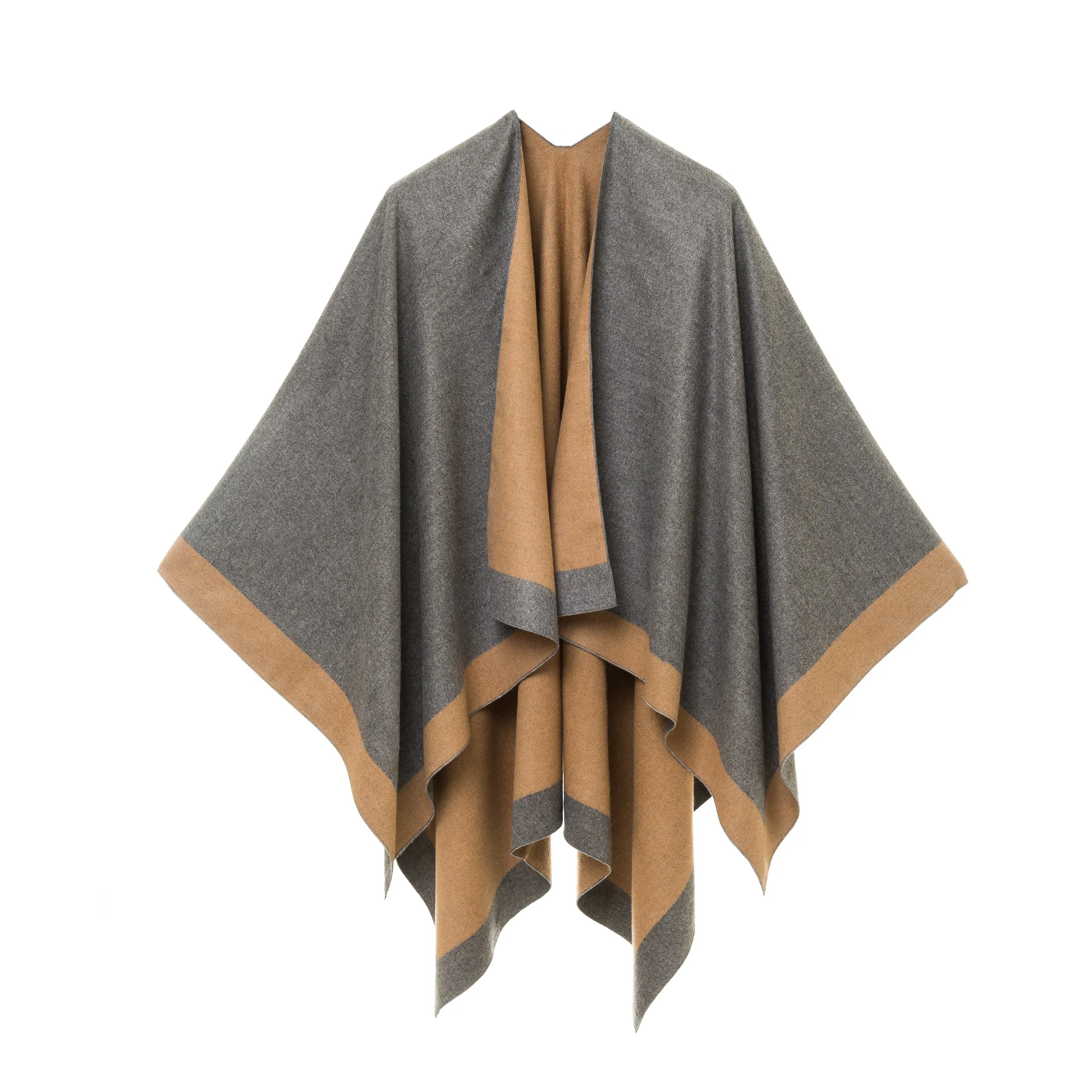 Women's Shawl Wrap Poncho Ruana Cape Cardigan Sweater Open Front (Gray Khaki)