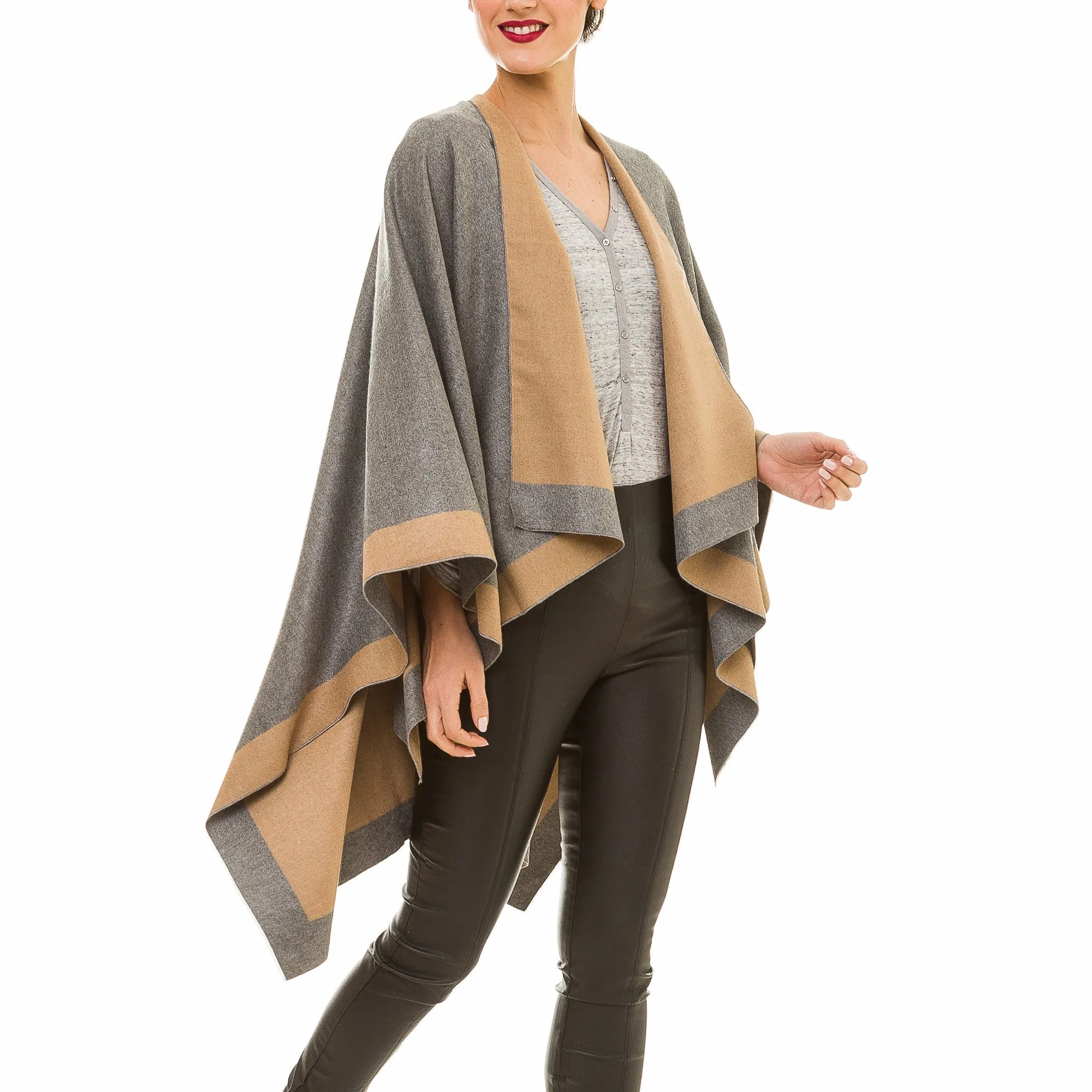 Women's Shawl Wrap Poncho Ruana Cape Cardigan Sweater Open Front (Gray Khaki)