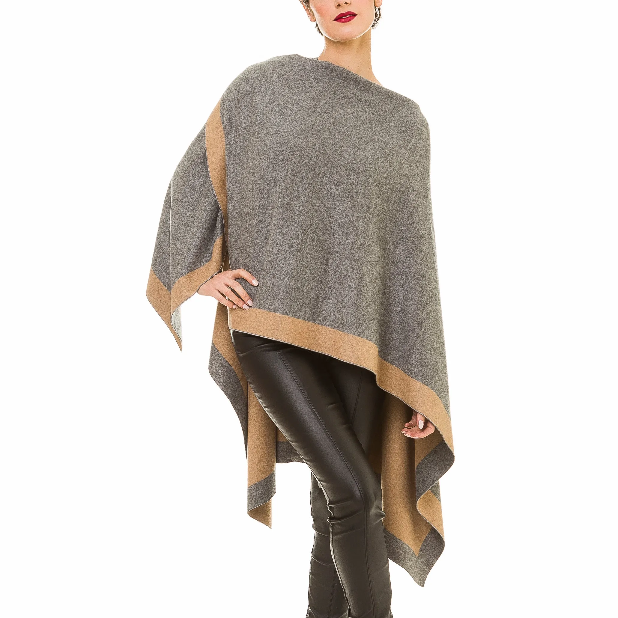 Women's Shawl Wrap Poncho Ruana Cape Cardigan Sweater Open Front (Gray Khaki)