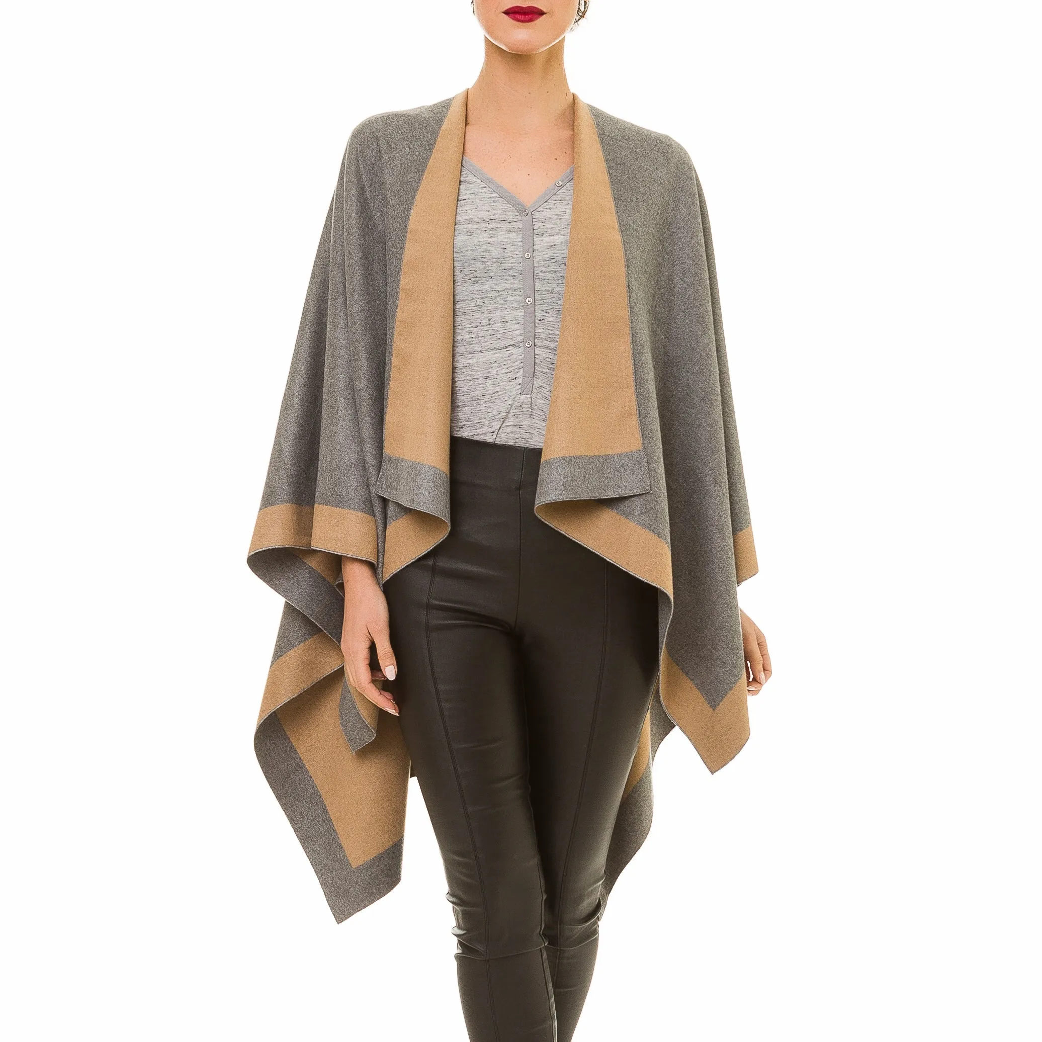 Women's Shawl Wrap Poncho Ruana Cape Cardigan Sweater Open Front (Gray Khaki)