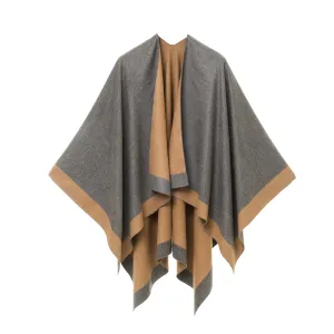 Women's Shawl Wrap Poncho Ruana Cape Cardigan Sweater Open Front (Gray Khaki)