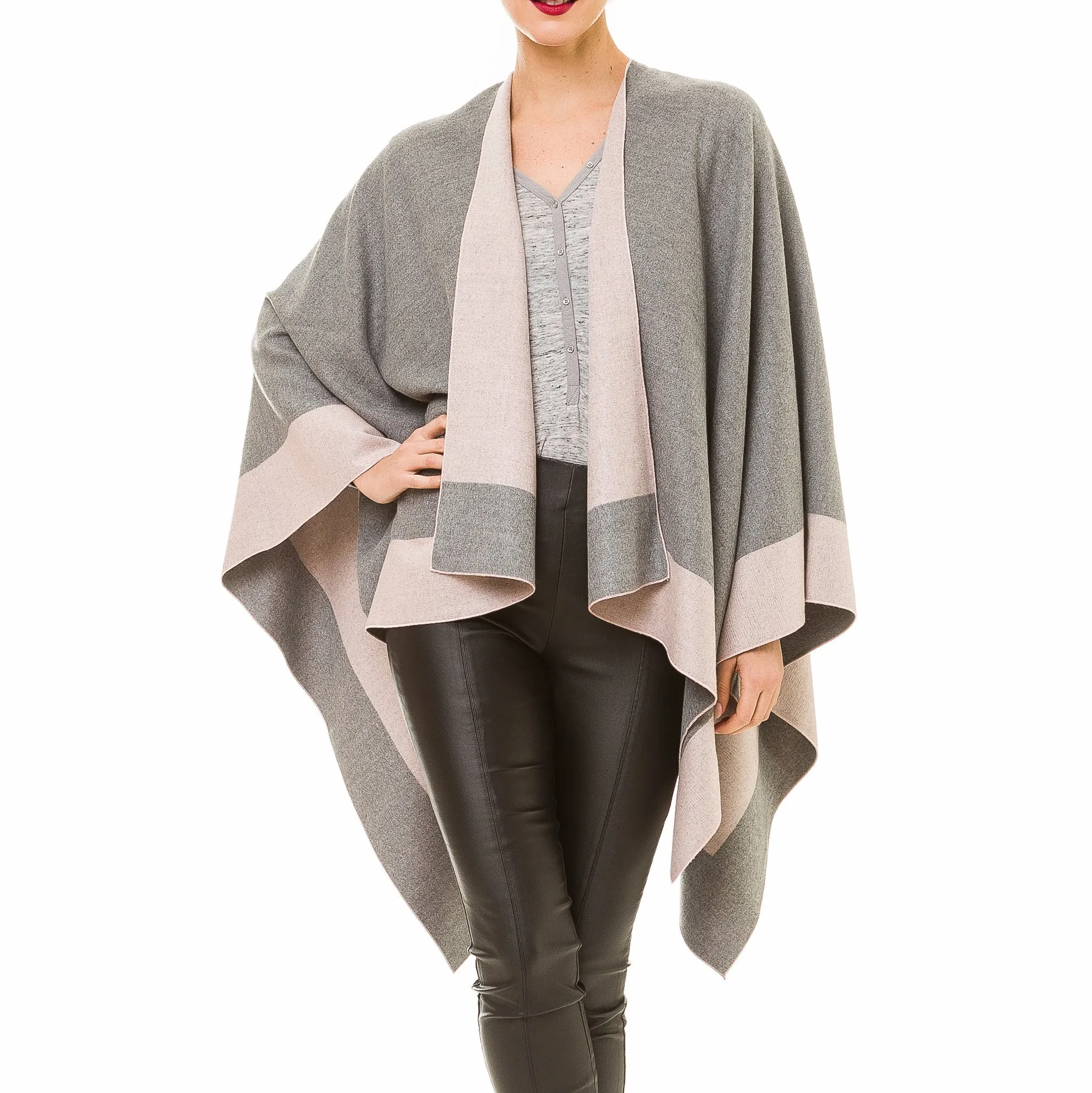 Women's Shawl Wrap Poncho Ruana Cape Cardigan Sweater Open Front (Gray Pink)