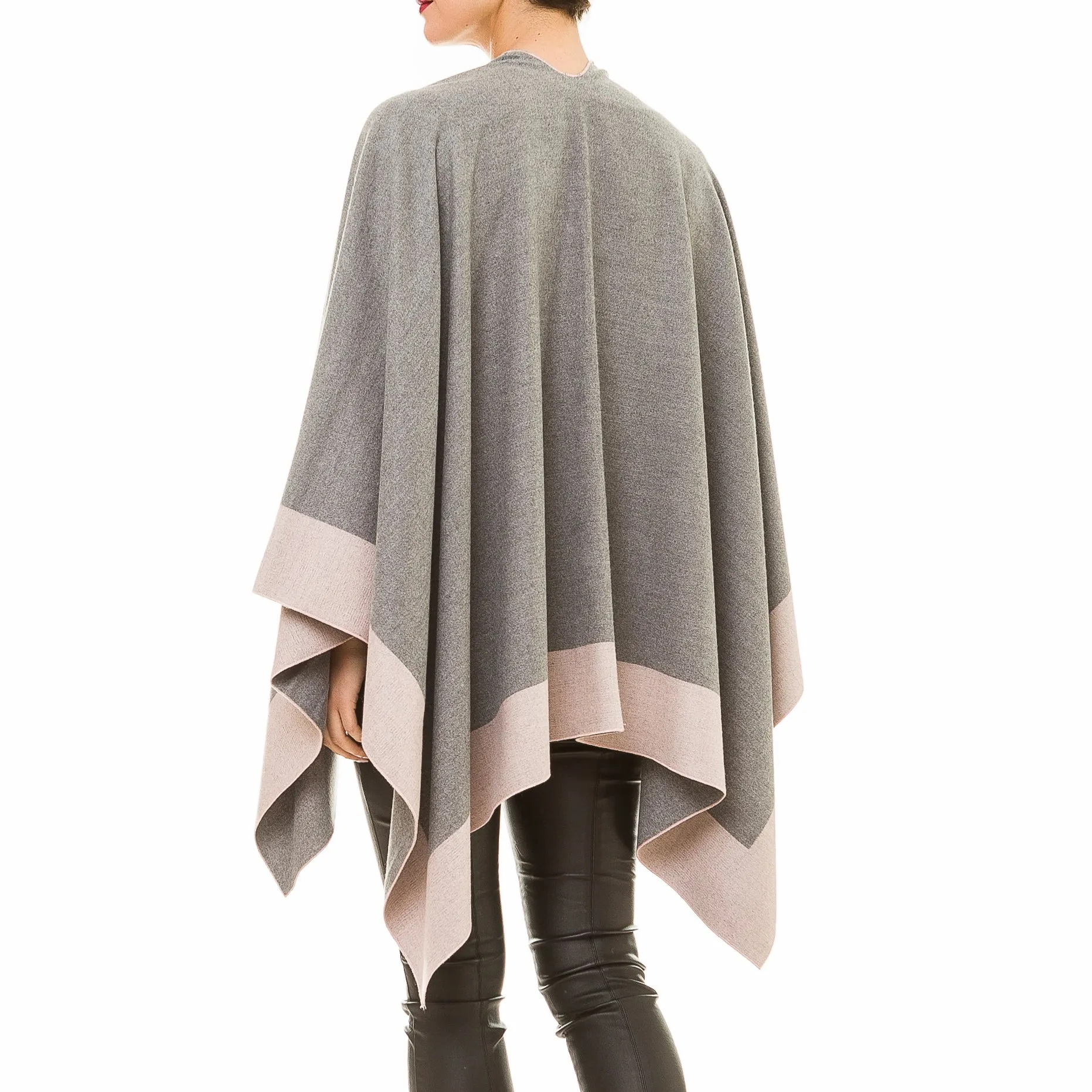 Women's Shawl Wrap Poncho Ruana Cape Cardigan Sweater Open Front (Gray Pink)