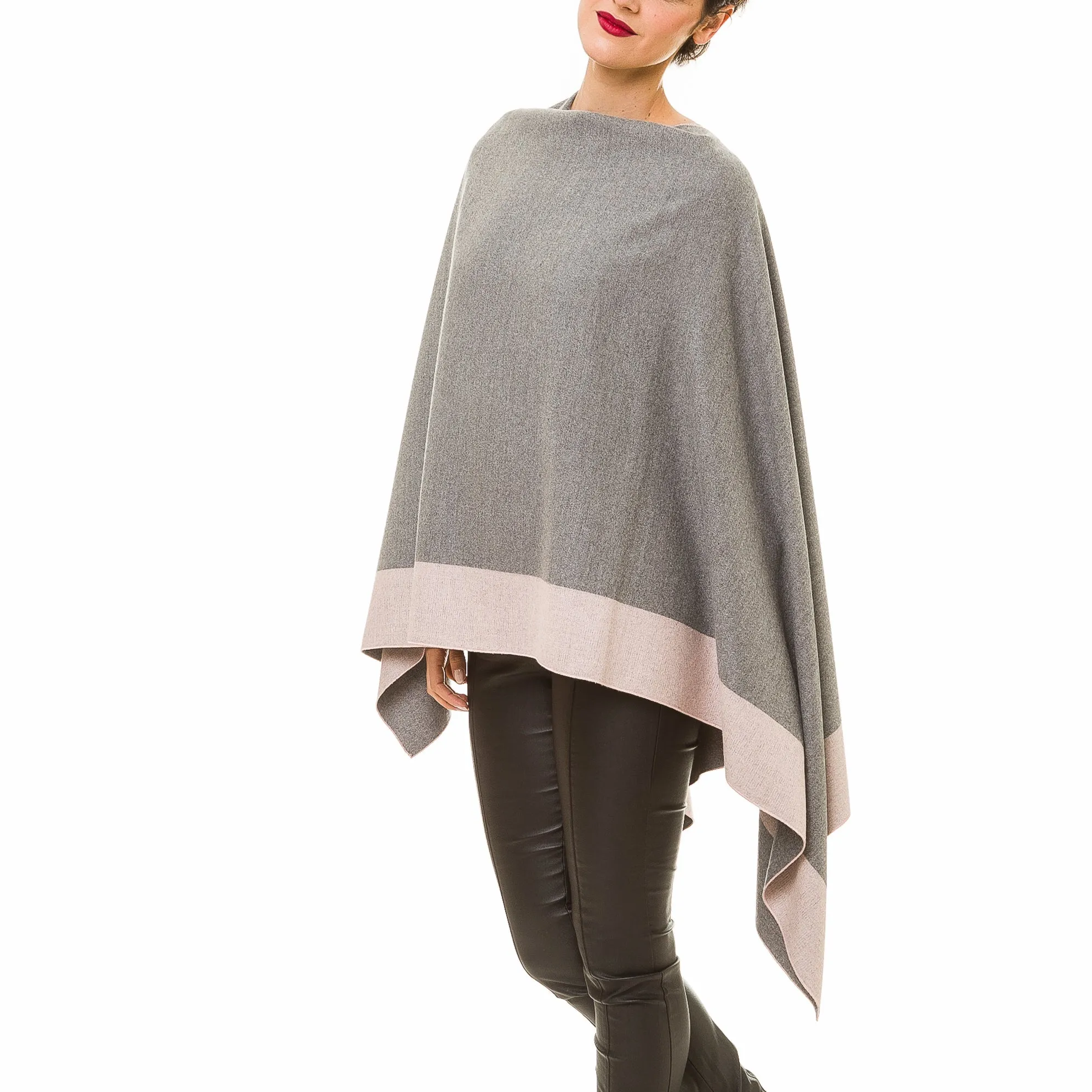 Women's Shawl Wrap Poncho Ruana Cape Cardigan Sweater Open Front (Gray Pink)