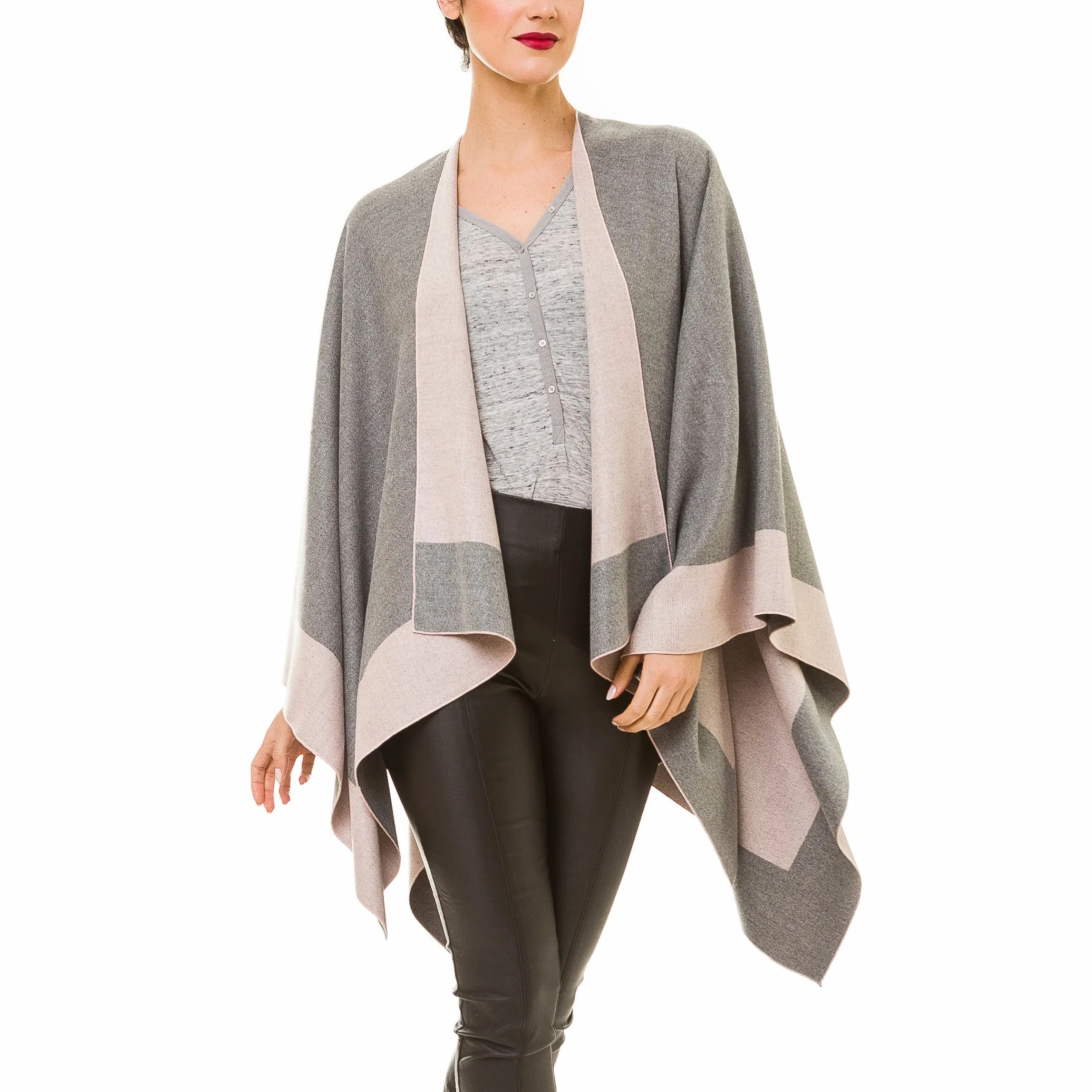 Women's Shawl Wrap Poncho Ruana Cape Cardigan Sweater Open Front (Gray Pink)
