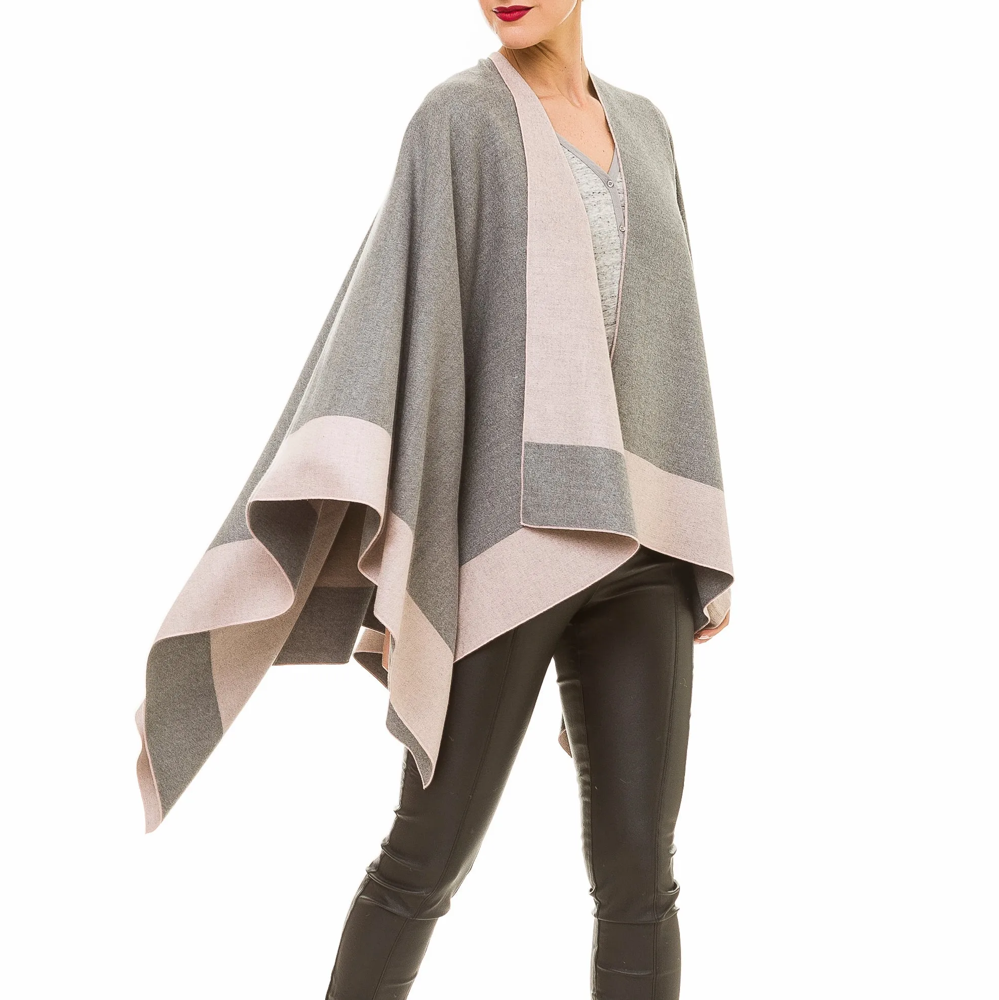 Women's Shawl Wrap Poncho Ruana Cape Cardigan Sweater Open Front (Gray Pink)