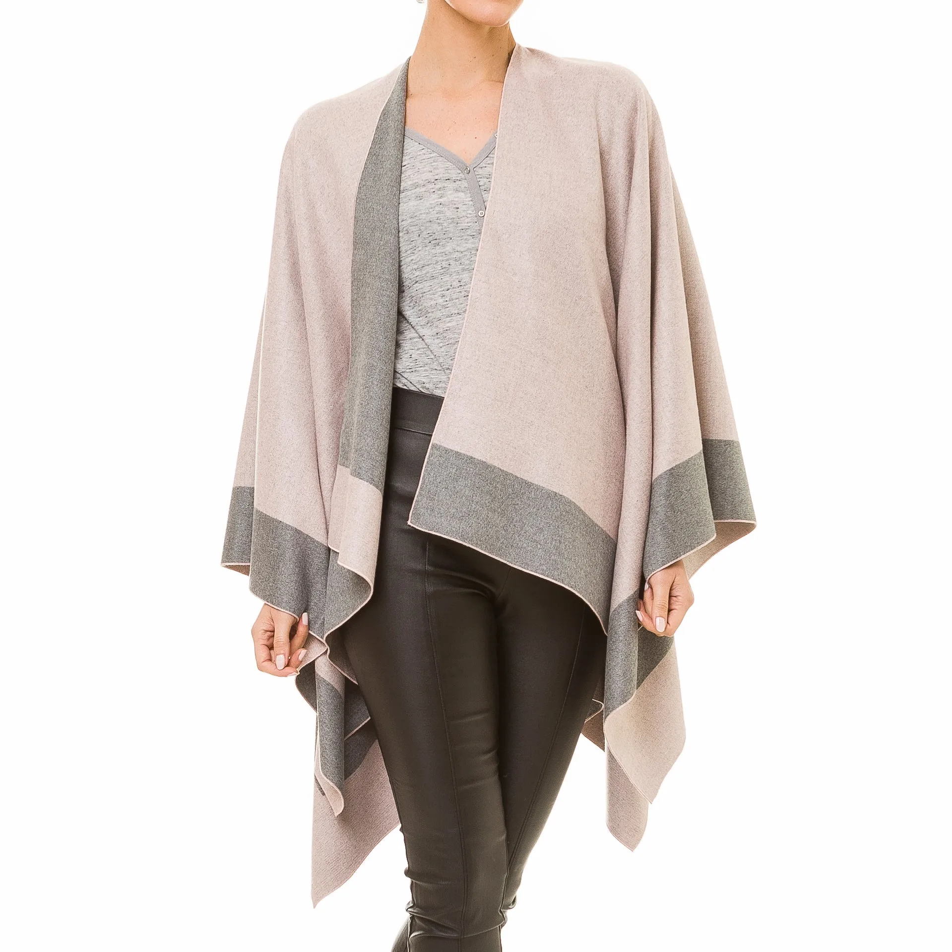 Women's Shawl Wrap Poncho Ruana Cape Cardigan Sweater Open Front (Gray Pink)