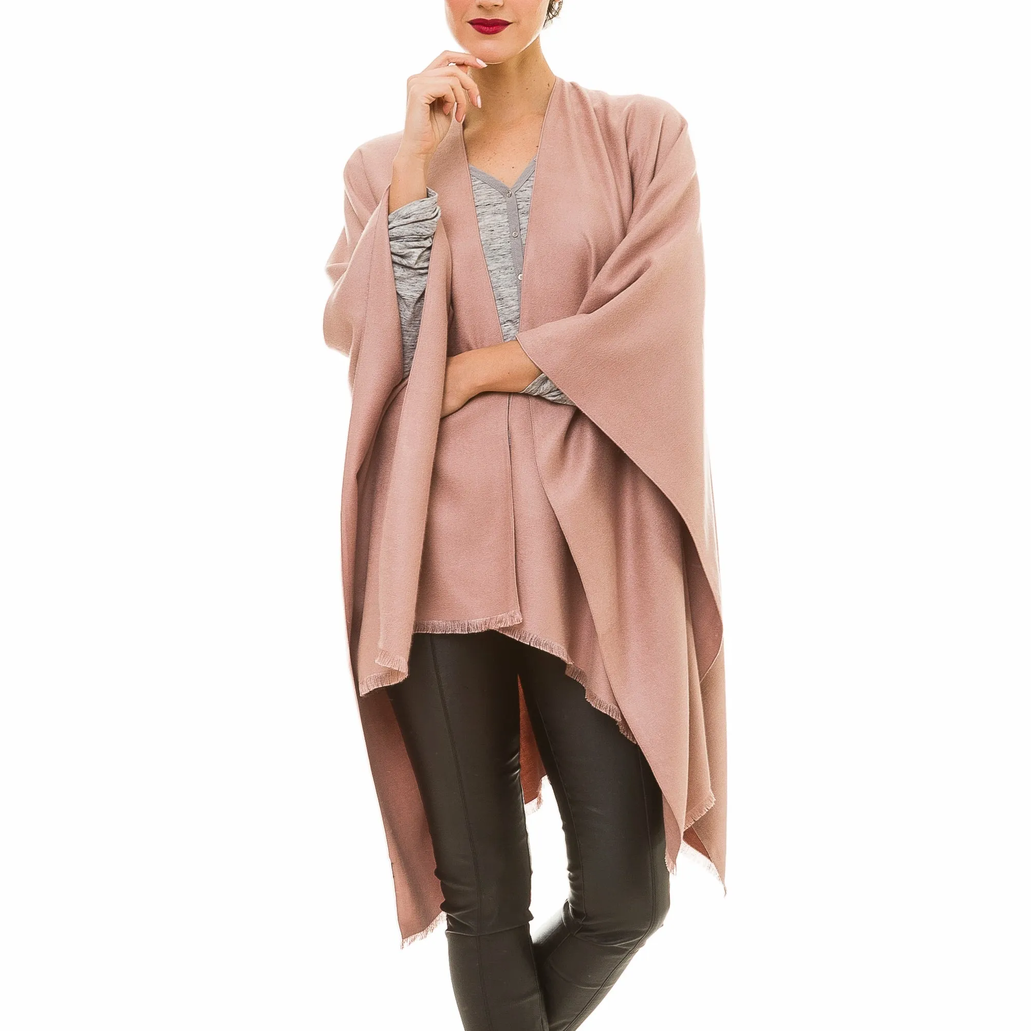 Women's Shawl Wrap Poncho Ruana Cape Cardigan Sweater Open Front (Pink)
