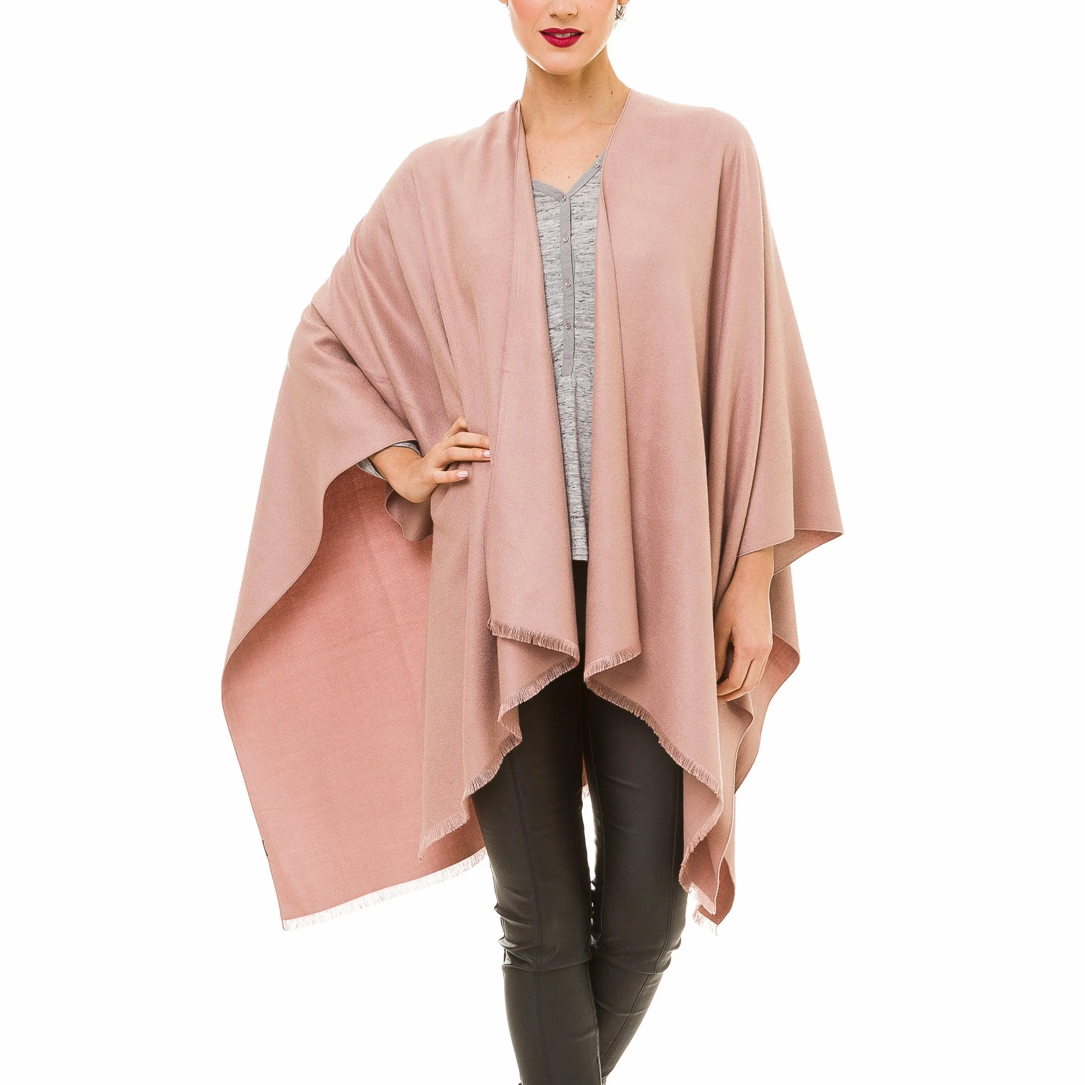Women's Shawl Wrap Poncho Ruana Cape Cardigan Sweater Open Front (Pink)
