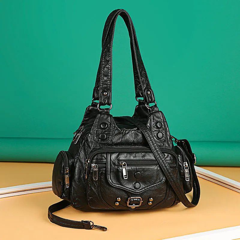 Women's Trendy Washed Leather Contrast Color Portable Shoulder Bags