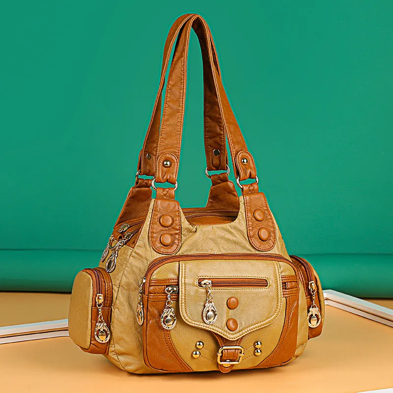 Women's Trendy Washed Leather Contrast Color Portable Shoulder Bags