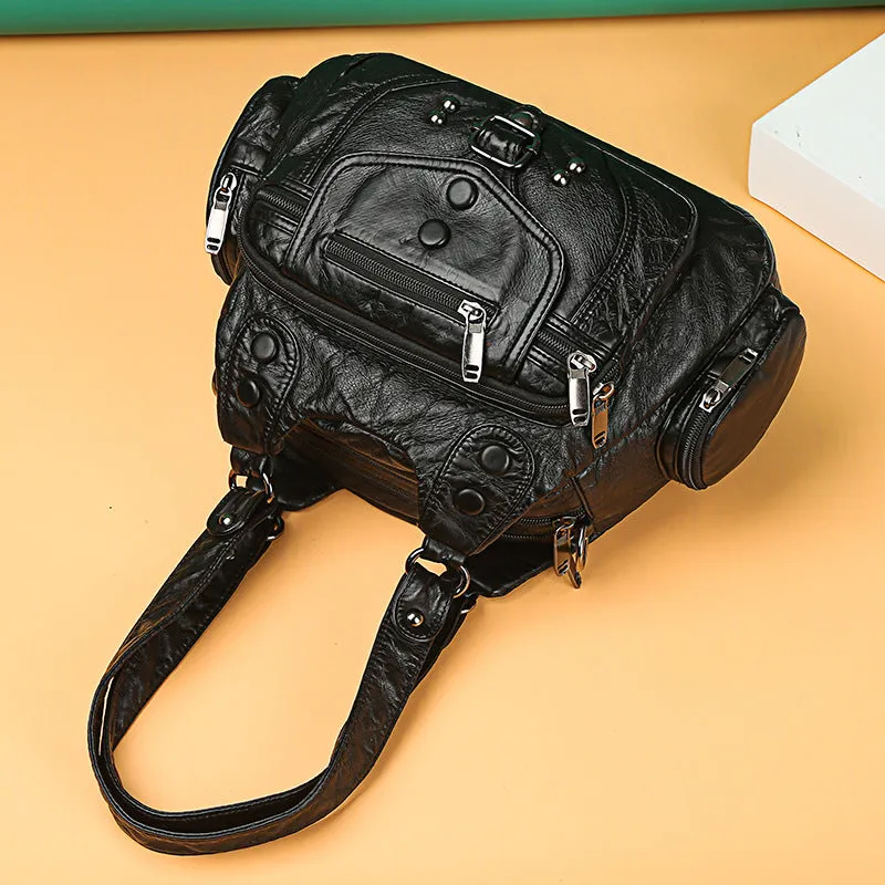 Women's Trendy Washed Leather Contrast Color Portable Shoulder Bags