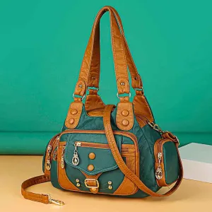 Women's Trendy Washed Leather Contrast Color Portable Shoulder Bags
