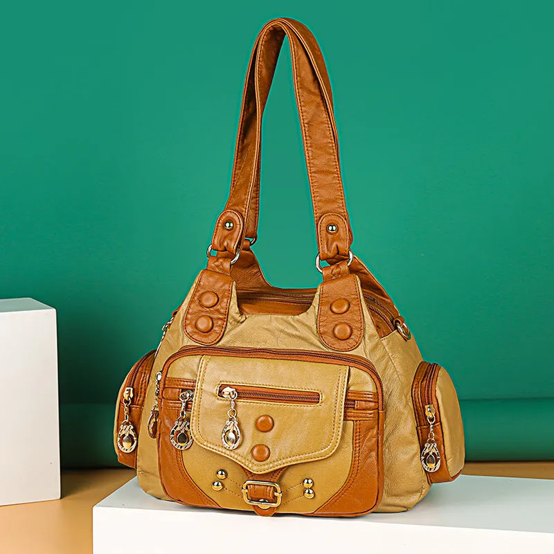 Women's Trendy Washed Leather Contrast Color Portable Shoulder Bags