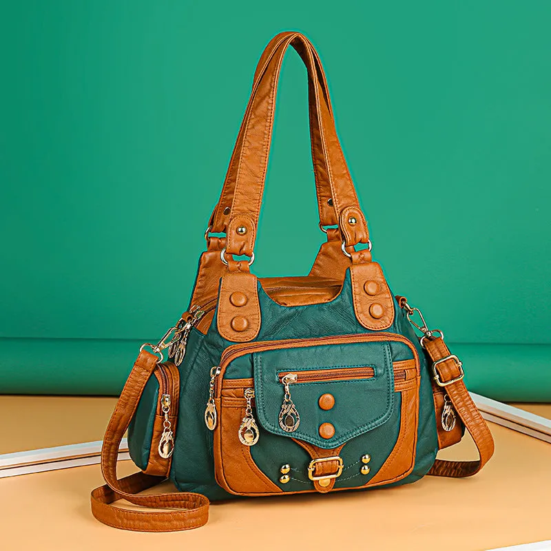 Women's Trendy Washed Leather Contrast Color Portable Shoulder Bags