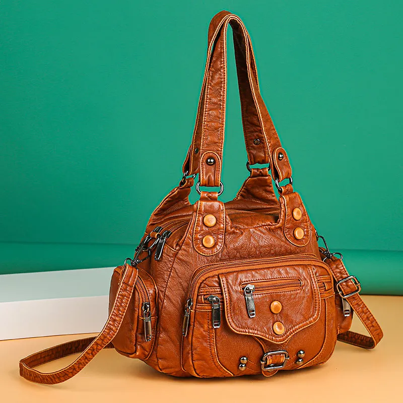 Women's Trendy Washed Leather Contrast Color Portable Shoulder Bags