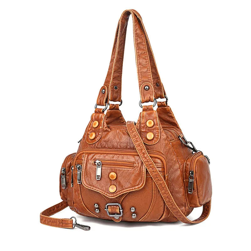Women's Trendy Washed Leather Contrast Color Portable Shoulder Bags