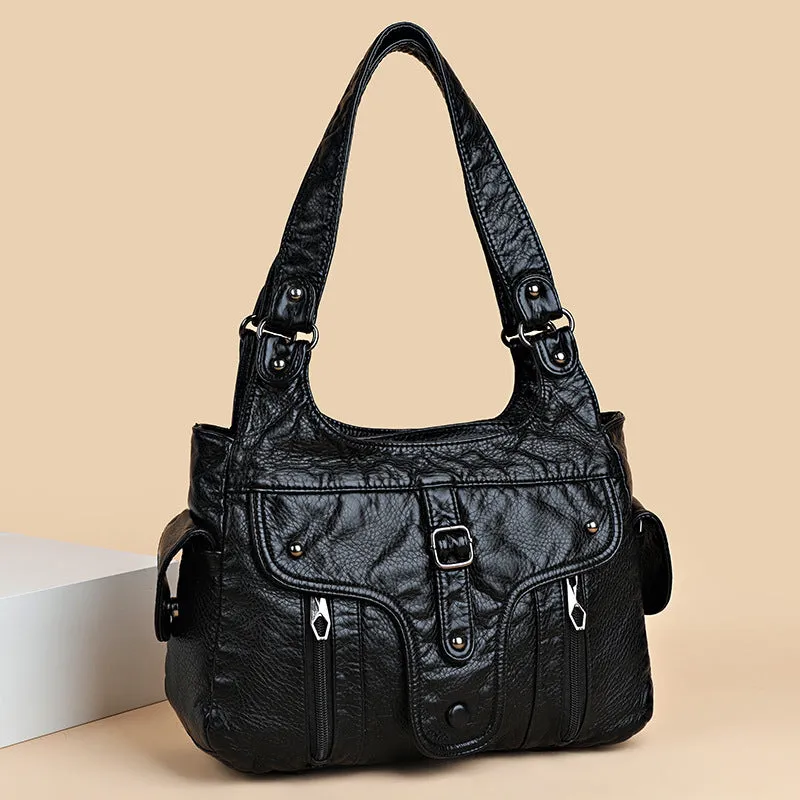 Women's Washed Leather Fashion Large Capacity Soft Shoulder Bags