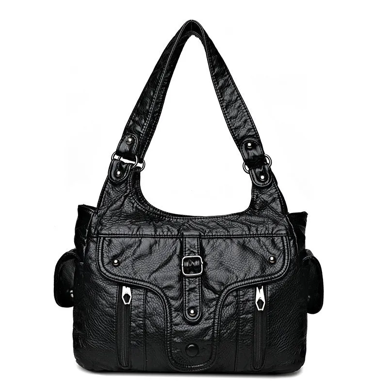 Women's Washed Leather Fashion Large Capacity Soft Shoulder Bags
