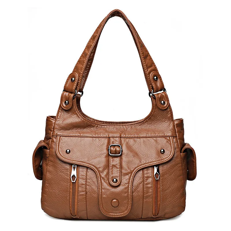 Women's Washed Leather Fashion Large Capacity Soft Shoulder Bags