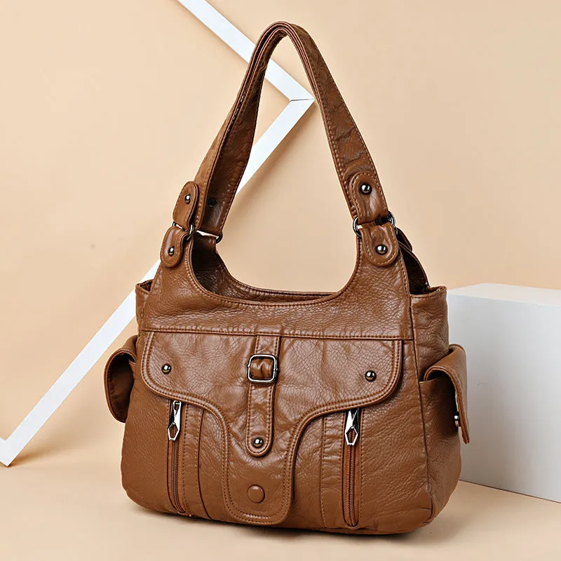 Women's Washed Leather Fashion Large Capacity Soft Shoulder Bags