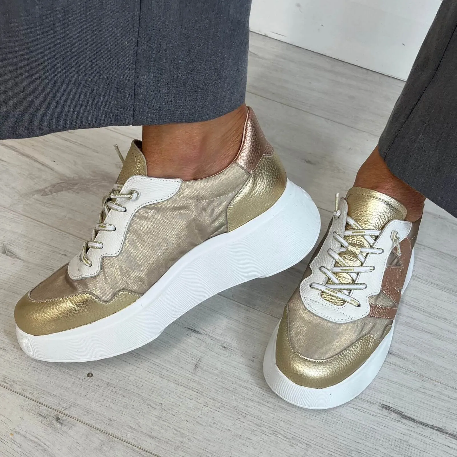 Wonders Two Tone Taupe & Gold Leather Sneakers