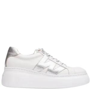 Wonders White & Silver Leather Brand Lace Sneakers