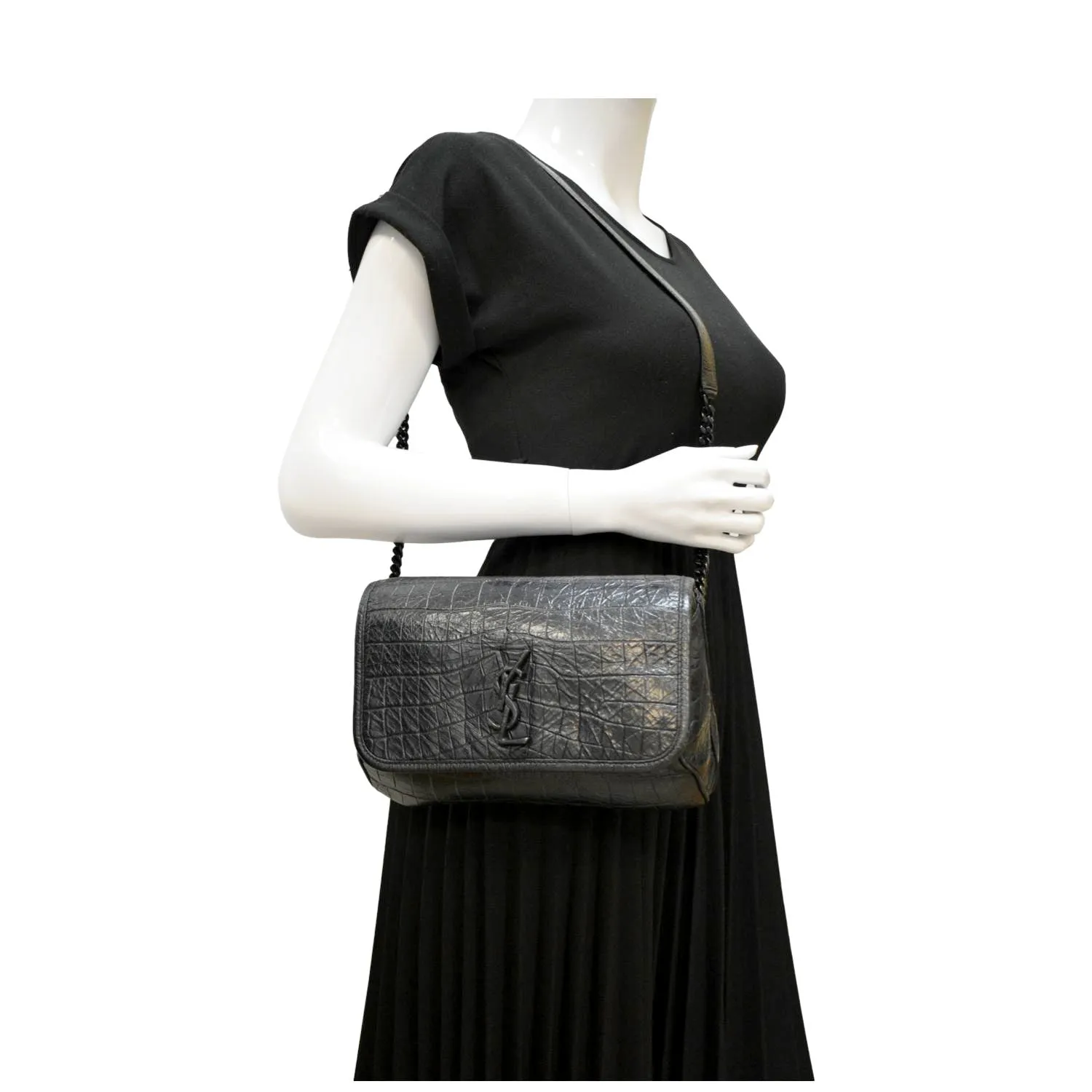 YVES SAINT LAURENT Niki Baby Crocodile Leather Chain Shoulder Bag Black