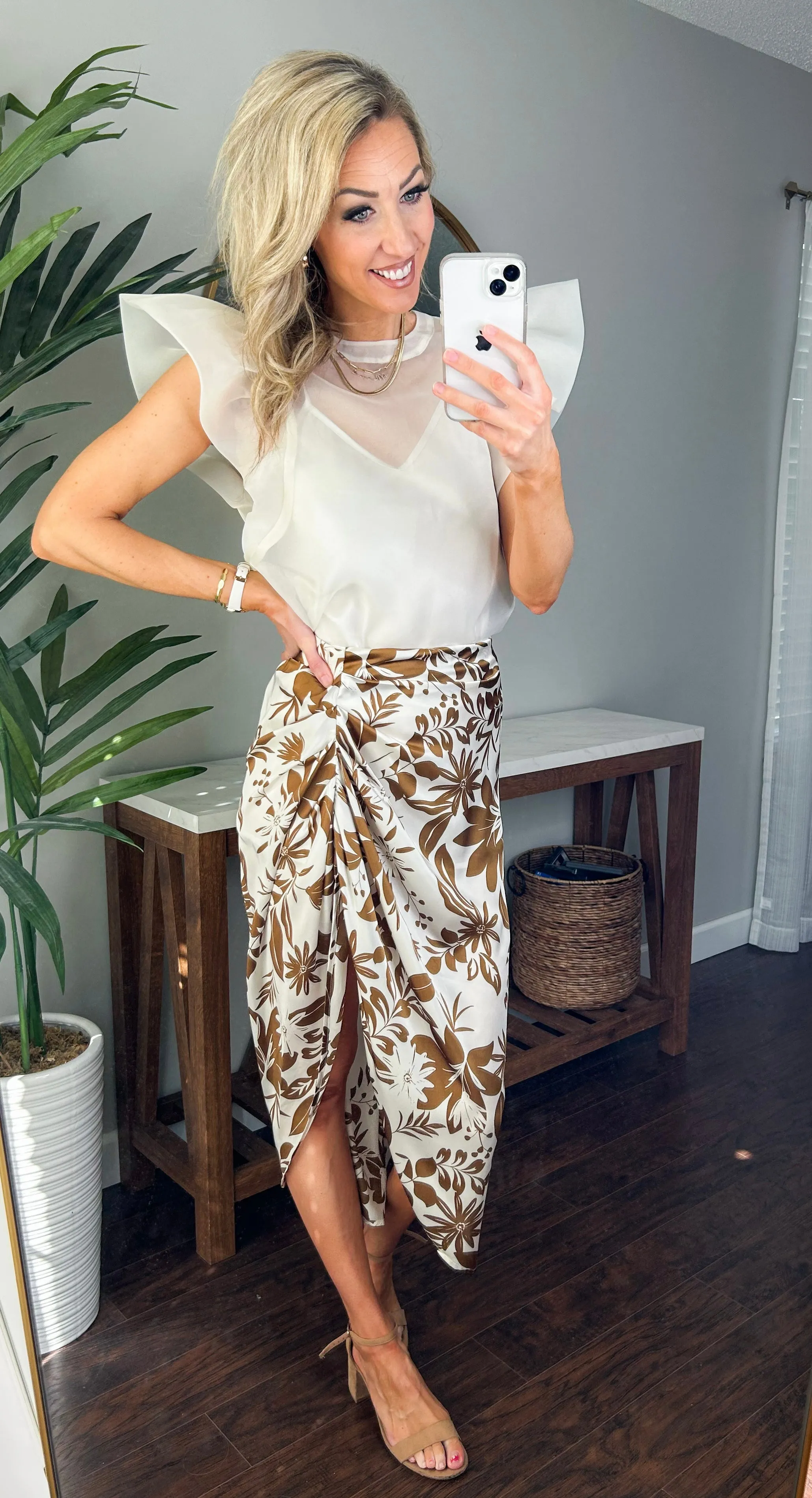 Zenna Floral Satin Drape Pleated Skirt
